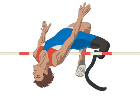 para sports paralympic high jump, physical disabled male athlete on prosthetic leg, track and field, isolated on a white background