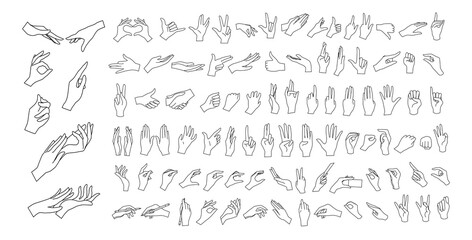 Gesturing. Set of contour hands in different gestures. Female hands in various situations. Hand showing signal or sign collection, on white background isolated. Wrist. ​vector illustration - obrazy, fototapety, plakaty