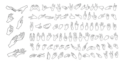 Fotobehang Gesturing. Set of contour hands in different gestures. Female hands in various situations. Hand showing signal or sign collection, on white background isolated. Wrist. ​vector illustration © Olesia