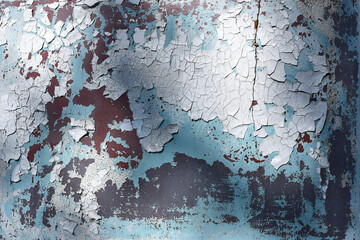 Fragment of an old metal wall with peeling paint. Many small cracks on the blue brown surface. Very old faded paint, vintage background close-up, rough textured surface, weathering. 