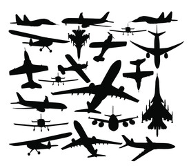Airplane vector silhouette illustration isolated on white background. Jet plane airport symbol. Aircraft go to destination. Plane shadow. School of flying. Commercial flight. Military war jet fighter.