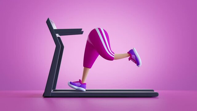 3d render, cartoon character legs running on treadmill isolated on pink background. Cardio training seamless animation