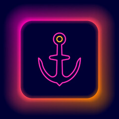 Glowing neon line Anchor icon isolated on black background. Colorful outline concept. Vector