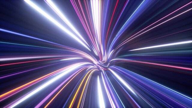 cycled animation of flight inside the hyperspace tunnel, abstract cosmic neon background. Bright rays and glowing lines. Network data inside optic fiber, speed of light, space and time strings