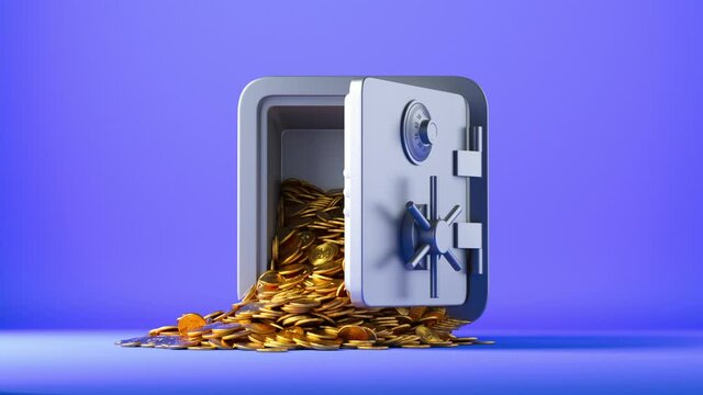 3d animation, golden coins with the bitcoin symbol fall out the opening safe box. Cryptocurrency protection concept
