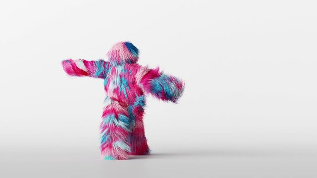 modern pop performance: 3d cartoon character hairy funny toy monster is dancing in white room