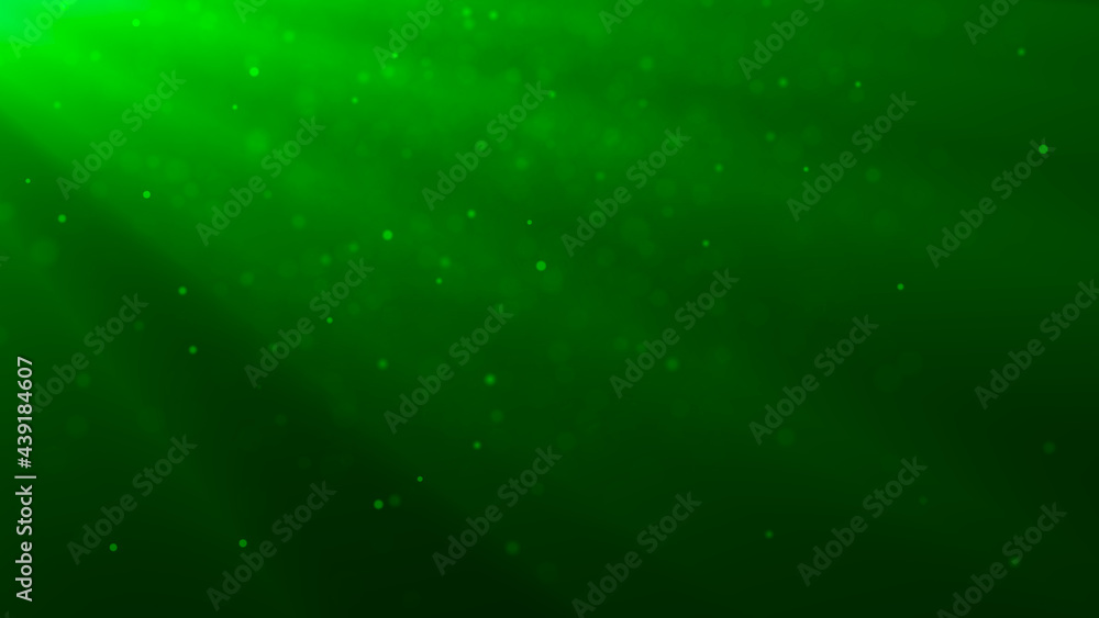 Poster Abstract green background of moving dust particles. Falling light. 3D rendering.