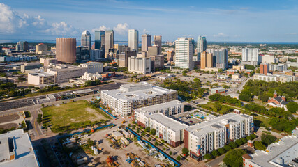 Fototapeta na wymiar Tampa, FL USA - 6-12-21: High-altitude aerial shot of the skyscrapers in downtown Tampa.