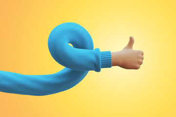 3d render, flexible twisted cartoon hand wears blue sweater, shows thumb up, like gesture. Social gesture clip art isolated on yellow background