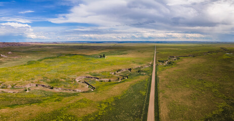 Aerial view of the prairie near the Badlands National Park - South Dakota