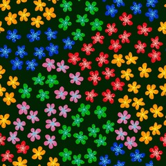 Seamless pattern with blossoming Japanese cherry sakura for fabric, packaging, wallpaper, textile decor, design, invitations, print, gift wrap, manufacturing. Colored flowers on dark green background.