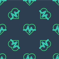 Line Heart rate icon isolated seamless pattern on blue background. Heartbeat sign. Heart pulse icon. Cardiogram icon. Vector