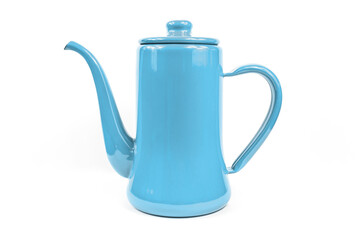 Traditional light blue tall enamelled coffee pot shot in a white seamless studio.