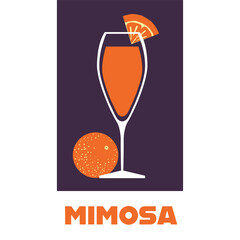 A glass of Mimosa cocktail with an orange flat vector illustration