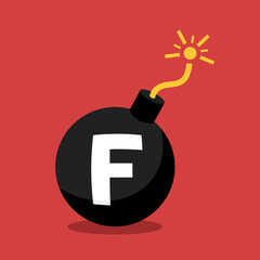 F-bomb - bomb and explosive device with F letter as metaphor of swearing and usage of vulgar and coarse term. Vector illustration.