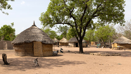 Traditional northern Ghana grass hut bush village Africa. Northern region of Ghana. Rural...