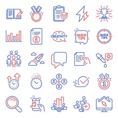 Education icons set. Included icon as Honor, Video conference, Teamwork chart signs. Chemistry pipette, Quick tips, Time symbols. Tips, Hold document, Time management. Checkbox, Add team. Vector