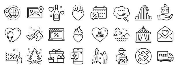 Set of Holidays icons, such as Be mine, Free delivery, Fireworks icons. World travel, Discount coupon, Market signs. Surprise boxes, Puzzle, Love letter. Ice cream, No puzzle, Circus tent. Vector