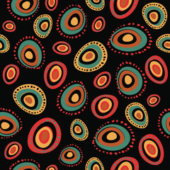 Fototapeta premium ndigenous Aboriginal Art Inspired Abstract Dots Seamless Pattern Against Black Background or textile, wallpaper, packaging, wrapping paper, backgrounds, packaging. Vector Illustration