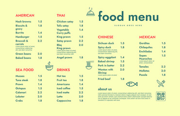 Restaurant cafe menu, template design.
One page food menu template.
