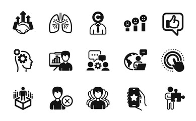 Vector set of Augmented reality, Presentation board and Customer satisfaction icons simple set. Thoughts, Copyrighter and Remove account icons. Like, Group and Lungs signs. Vector
