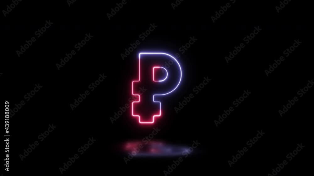 Aufkleber thin line neon symbol of russian currency ruble on a dark background with reflection on a floor. sim