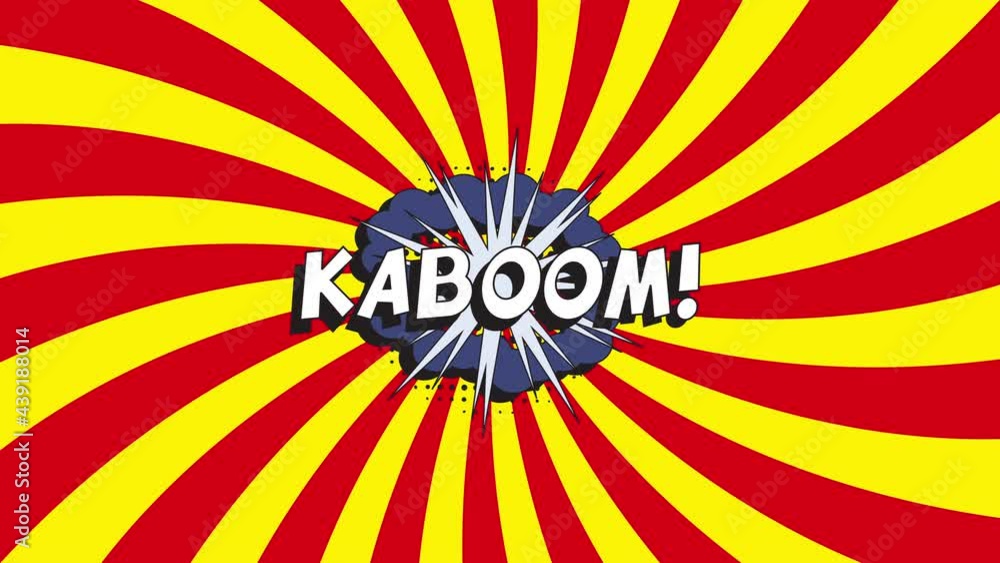 Aufkleber 'kaboom!' in retro comics speech bubble with halftone dotted shadow on an animated background with r