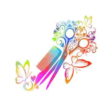Abstract scissors and hairbrush. Beauty salon logo. Vector illustration