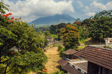 Beautiful view from the terrace of the abandoned hotel on surrounding nature and mountains, Bali island, Indonesia