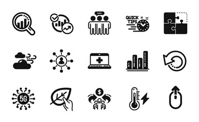 Vector set of Sharing economy, Puzzle and Medical help icons simple set. Swipe up, Statistics and Quick tips icons. Employees group, Recovery data and Windy weather signs. Vector