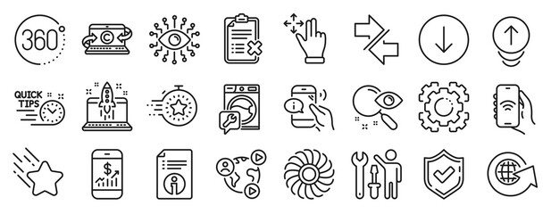 Set of Technology icons, such as Internet app, Timer, Video conference icons. Start business, Swipe up, 360 degrees signs. Fan engine, Reject checklist, Repairman. Move gesture, Search. Vector