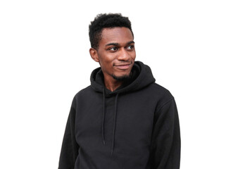 Portrait smiling young african man wearing a black hoodie looking away isolated on a white...