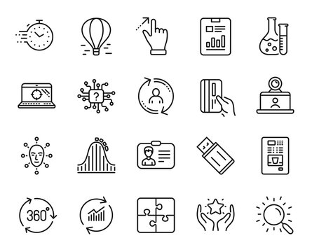 Vector set of Report document, Chemistry lab and Video conference line icons set. Artificial intelligence, Identification card and Face biometrics icons. Report document web symbol. Vector