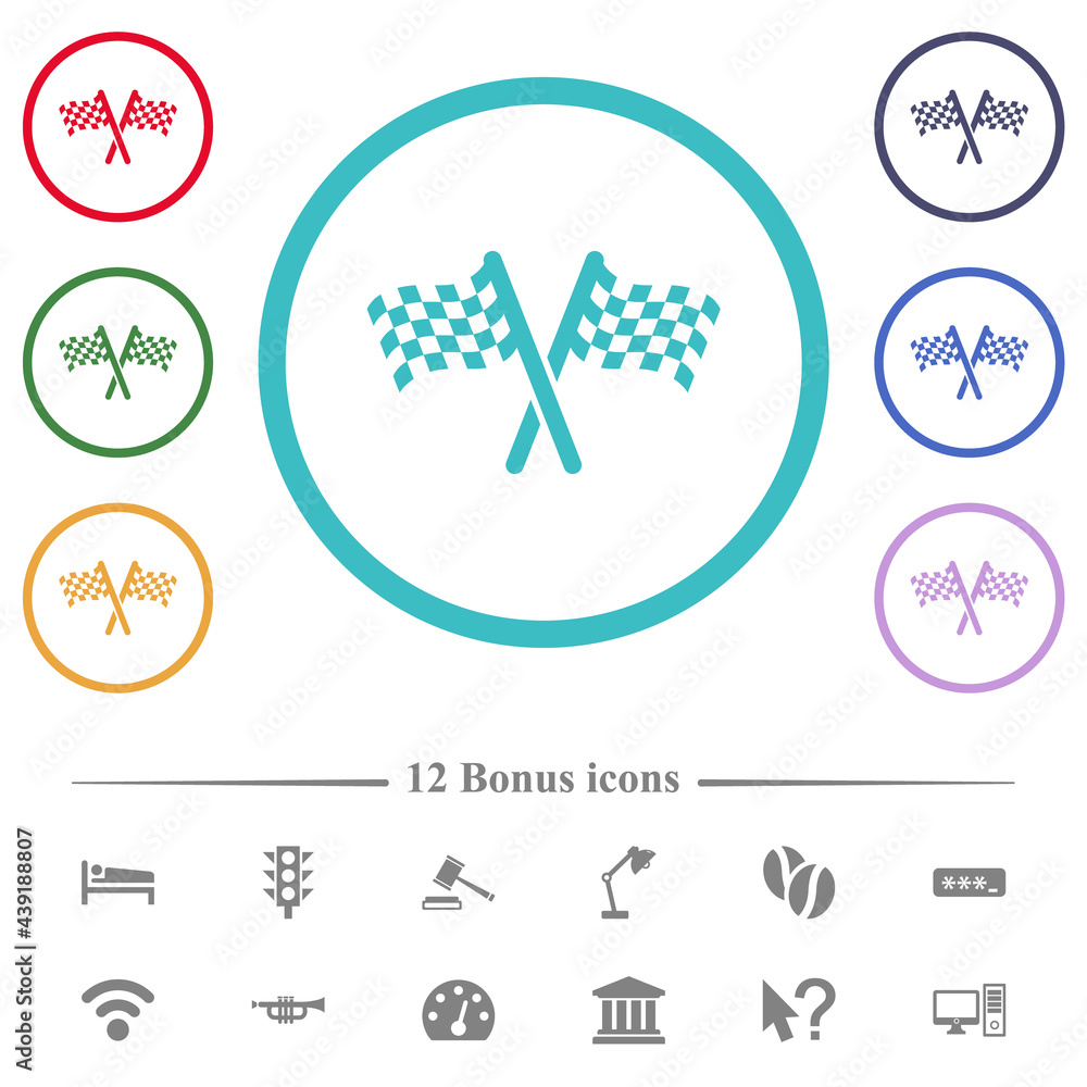 Poster two chequered flags flat color icons in circle shape outlines
