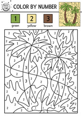 Vector tropical color by number activity with palm tree. Summer coloring and counting game with cute exotic. Funny jungle coloration page or printable worksheet for kids. .