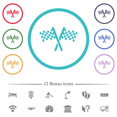 Two chequered flags flat color icons in circle shape outlines