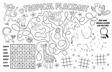 Vector tropical placemat for kids. Exotic summer printable activity mat with wordsearch, dot-to-dot, maze, I spy. Black and white play mat or coloring page with cute jungle animals, birds, fruit. .