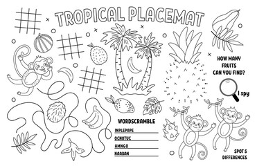 Vector tropical placemat for kids. Exotic summer printable activity mat with difference searching, dot-to-dot, maze. Black and white play mat or coloring page with cute jungle animals, monkey, banana