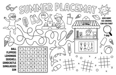 Vector summer placemat for kids. Beach holidays printable activity mat with wordsearch, tic tac toe charts, maze. Black and white play mat or coloring page with cute children, ice-cream, sandcastle. .