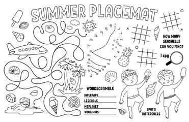 Fototapeta na wymiar Vector summer placemat for kids. Beach holidays printable activity mat with difference searching, dot-to-dot, maze. Black and white play mat or coloring page with cute children, ice-cream, seashell. .