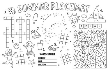Vector summer placemat for kids. Beach holidays printable activity mat with crossword, tic tac toe charts, color by number. Black and white play mat or coloring page with children, ice-cream.