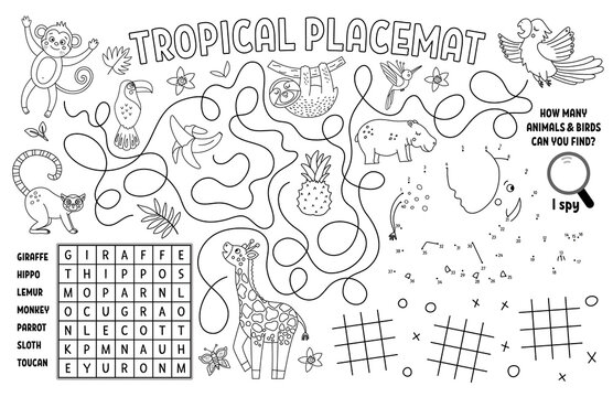 Vector tropical placemat for kids. Exotic summer printable activity mat with wordsearch, dot-to-dot, maze, I spy. Black and white play mat or coloring page with cute jungle animals, birds, fruit. .