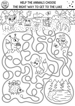 Black and white summer camp maze for children. Active holidays outline preschool printable activity. Family nature trip labyrinth or coloring page with cute woodland animals going to the lake.