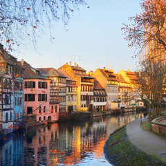 Architecture of Strasbourg, panoramic view from the canal promenade in old town. France. Travel...