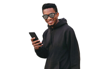Portrait smiling african man with phone looking at camera wearing black hoodie, sunglasses on city street