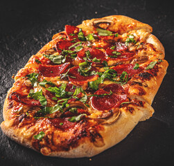 flatbread Pepperoni Pizza with Mozzarella cheese, salami, Tomato sauce, pepper, Spices. Italian pizza on Dark grey black slate background