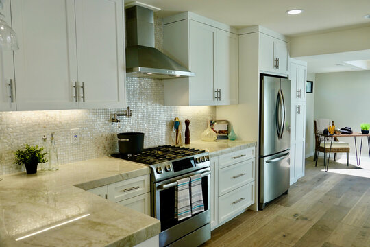 Modern Kitchen Interior With Shaker Cabinets And Stainless Steel Appliances