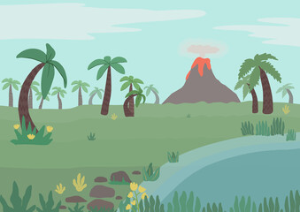 Cartoon childish landscape with palms, volcano, flowers, plants. Flat jurassic, tropic scene for stickers, game or web design. Vector illustration