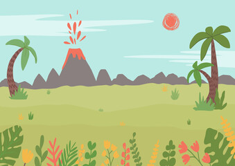 Cartoon childish landscape with palms, volcano, flowers, plants. Flat jurassic, tropic scene for stickers, game or web design. Vector illustration © Annetc