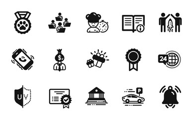 Vector set of Gift, Certificate and Car parking icons simple set. Teamwork, Reward and Technical info icons. Notification bell, Manager and Court building signs. Gift simple web symbol. Vector